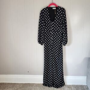 LeRumi Polka Dot Classic Black White Wide Leg Button Up V Neck Jumpsuit S